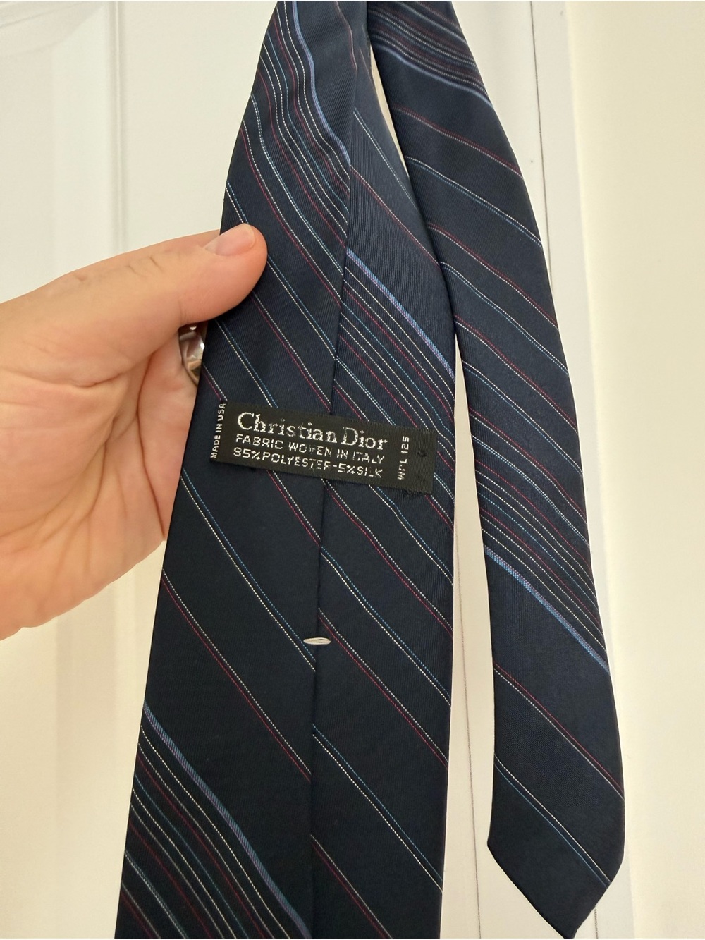Dior Navy Blue Striped Silk Tie with Jewel Motif - Picture 5 of 8